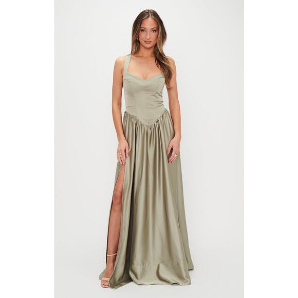 Show Me Your Mumu Abigail Maxi Dress Moss Green Luxe Satin XL NWT - Picture 10 of 10